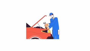 européen homme réparer voiture ligne 2d personnage animation. un service magasin travail plat Couleur dessin animé 4k , alpha canaliser. caucasien Masculin vérification véhicule Animé la personne sur blanc Contexte video