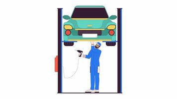 Black man repairing car on elevator line cartoon animation. Garage works 4K motion graphic. African american male with drill under auto 2D linear animated character isolated on white background video