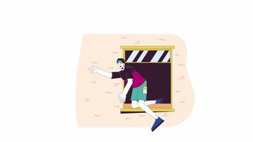 Korean man falling out of window line 2D character animation. Tragical accident flat color cartoon 4K , alpha channel. Asian male at dangerous accident animated person on white background video