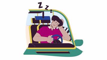 Latin american driver falling asleep line cartoon animation. Dangerous situation on road 4K motion graphic. Exhausted male driving 2D linear animated character isolated on white background video