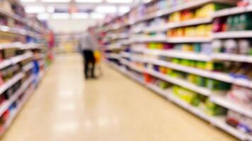 Blurred supermarket aisles with various products on display, store interior as background video