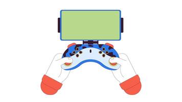 Phone holder for game controller line 2D character hands animation. Gamepad smartphone empty screen flat color cartoon 4K , alpha channel. Pressing buttons animated hands on white background video