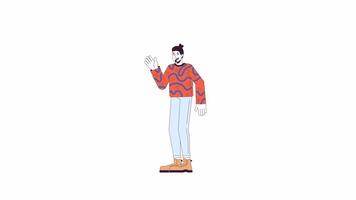 Goodbye waving man in autumn outfit line 2D character animation. Welcome gesturing male flat color cartoon 4K , alpha channel. Caucasian guy hello wave animated person on white background video