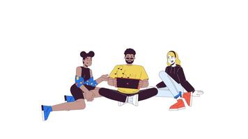 Friends playing game together line 2D character animation. Black guy with game console flat color cartoon 4k, alpha channel. Multicultural young adults animated people on white background video