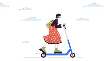 Korean fashionable woman riding electric scooter line cartoon animation. Urban mobility 4K motion graphic. Asian female on e-scooter 2D linear animated character isolated on white background video