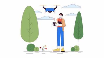 coréen homme avec drone dans parc ligne dessin animé animation. uav La technologie dans du quotidien la vie 4k mouvement graphique. asiatique gars contrôler quadcopter 2d linéaire Animé personnage isolé sur blanc Contexte video