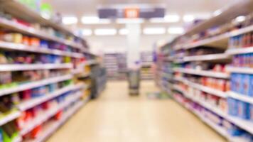 Blurred supermarket aisles with various products on display, store interior as background video