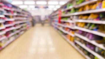 Blurred supermarket aisles with various products on display, store interior as background video