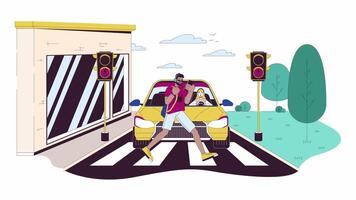 Crossing road at red light danger line cartoon animation. Road safety violence 4K motion graphic. Reckless pedestrian and scared driver 2D linear animated characters isolated on white background video