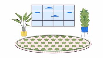 plantas de interior sala de estar acolhedor tapete volta linha desenho animado animação. chão tapete folhas padronizar 4k movimento gráfico. em vaso plantas vivo quarto 2d linear animado interior isolado em branco fundo video