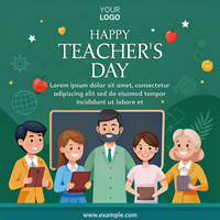 uma poster para professores dia apresentando uma grupo do pessoas, Incluindo uma professor psd