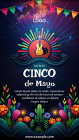 uma colorida poster para cinco de maionese apresentando uma guitarra e flores psd