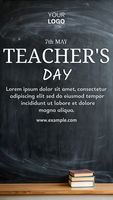 A poster for Teacher's Day with a chalkboard and books on a desk psd