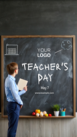 A teacher stands in front of a chalkboard with a book in his hand psd