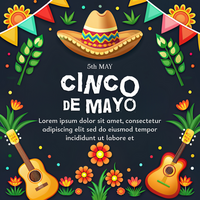 A colorful poster for Cinco de Mayo featuring a hat, flowers, and guitars psd