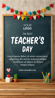 A poster for Teacher's Day with a chalkboard and a banner with colorful flags psd