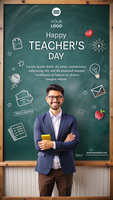 A man is standing in front of a green chalkboard with a smile on his face psd