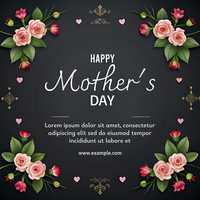 A black background with pink flowers and red hearts happy mother's day psd