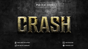 crash text effect with crack texture on a black background psd