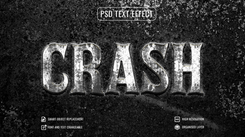 crash text effect with grungy texture on a rusty background psd