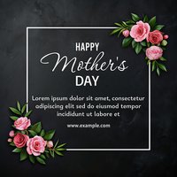 en svart och vit affisch med rosa blommor och de ord Lycklig mors dag psd