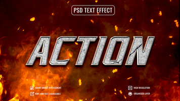 action text effect with fire and smoke background psd