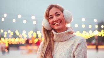 femme dans cache-oreilles permanent à l'extérieur la glace patinoire et souriant à caméra video