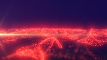 Red energy glowing magic waves high tech digital iridescent with light rays lines and bokeh energy particles. Abstract background. in high quality 4k video