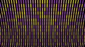 Abstract colorful lines devided into small segments flowing on black background, seamless loop. Animation. Digital vertical rows of narrow yellow and purple stripes. video