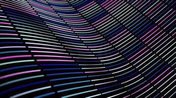 Colorful wavy texture of narrow lines devided into small segments flowing on black background, seamless loop. Animation. Colorful diagonal neon stripes. video