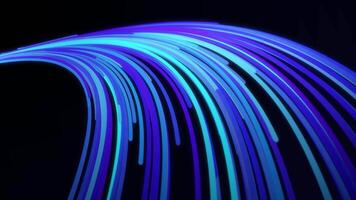 3D blue tail formed by narrow lines flowing on black background. Animtion. Neon colorful rays flow in an arcuate trajectory, bended lines looking like a part of a ring. video