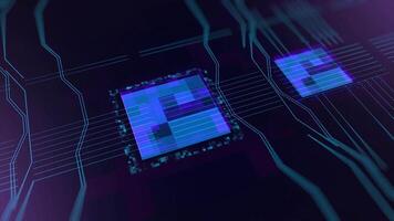 Blue technological background, circuit board and code on dark blue background. Animation. Abstract micro chip, cyber security and modern technologies concept. video