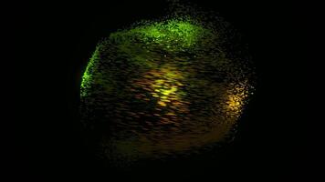 Organized movement of dynamic colorful particles in a form of a 3D sphere on black background. Animation. Technological background, green and yellow atoms flying in a circle. video