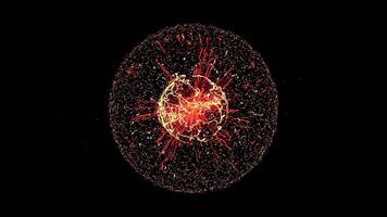 cerca arriba de asombroso movimiento de eléctrico descargas dentro el esférico cuerpo. animación. hermosa nube de puntos, brillante neón líneas aislado en negro antecedentes. video