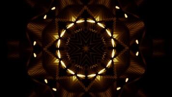 Golden shapes on black background, abstract objects. Design. Spreading and pulsating circular fractal stars. video