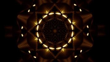 Golden shapes on black background, abstract objects. Design. Spreading and pulsating circular fractal stars. video