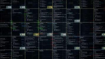 programación bloques de código en negro fondo, sin costura bucle. animación. resumen computadora guion, programación código como tecnología antecedentes. video