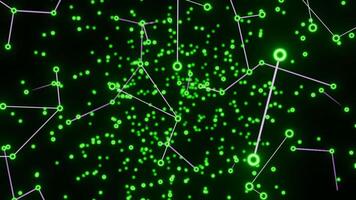 Plexus of chain molecules. Design. Molecules or electrons with chains of bonds flashing in stream. Flow of molecules with changing biological chains video