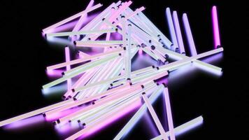 neon 3d discoteca lampade. design. luminosa raggiante lampade su nero superficie. raggiante lampade autunno nel mucchio su superficie video