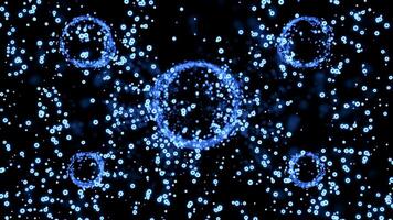 Animation with moving stream of bubbles and large circles. Design. Balls in space with distortion of flow of bubbles. Stream of bubbles rises in space and circles around video