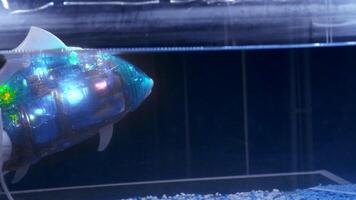 A robot fish in aquarium. Media. Artificial version of robot fish glowing in water. Robot fish with artificial intelligence in aquarium video