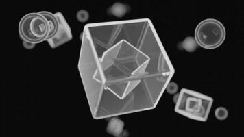 abstrakt svartvit 3d kuber och bubblor. design. geometrisk bakgrund med flygande och roterande former. video