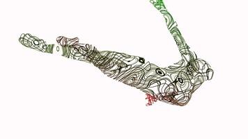 Animation of flying silhouette of woman from lines. Design. Emerging animated silhouette of woman with colorful lines. Flying and rotating figure of woman made of lines on white background video