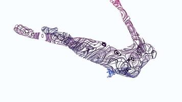 animering av flygande silhuett av kvinna från rader. design. framväxande animerad silhuett av kvinna med färgrik rader. flygande och roterande figur av kvinna tillverkad av rader på vit bakgrund video