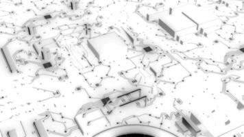 3d oppervlakte van computer circuit. ontwerp. geanimeerd diagram van computer moederbord met details. lijnen en dots Aan computer stroomkring van spaander Aan wit achtergrond video