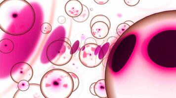 Bubbles with nucleus in molecular stream. Design. Molecular cells with embryos move in stream. Bubbles of molecules with disease inside move in space video