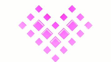 Animation with moving squares in shape of heart. Motion. 3D pixel-style squares move in shape of heart. Animated pixel valentine in 3d video