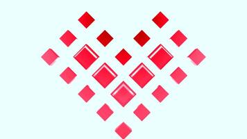 Animation with moving squares in shape of heart. Motion. 3D pixel-style squares move in shape of heart. Animated pixel valentine in 3d video
