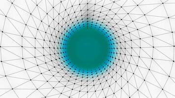 Moving tunnel with grid and colored cloud. Design. 3D tunnel with grid and dots on white background with bright spot. Colored spot in middle of moving tunnel made of mesh video