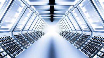 Spaceship or science lab animation. Design. Sci-Fi alien corridor with metallic glow. video